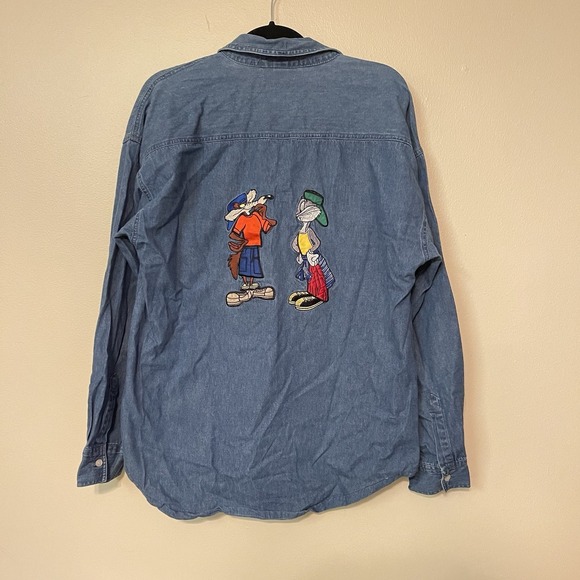 Vtg Looney Tunes Shirt Mens XL Denim Bugs Bunny Taz Embroidered 90s Button Up - Picture 2 of 8